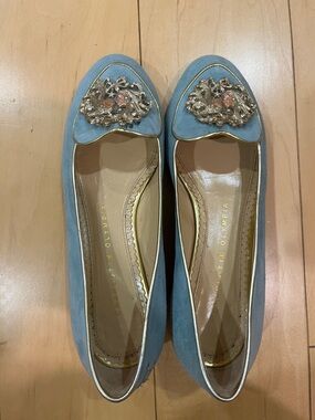 Charlotte Olympia Blue Suede Loafers with Gold Ornate Toe Emblem